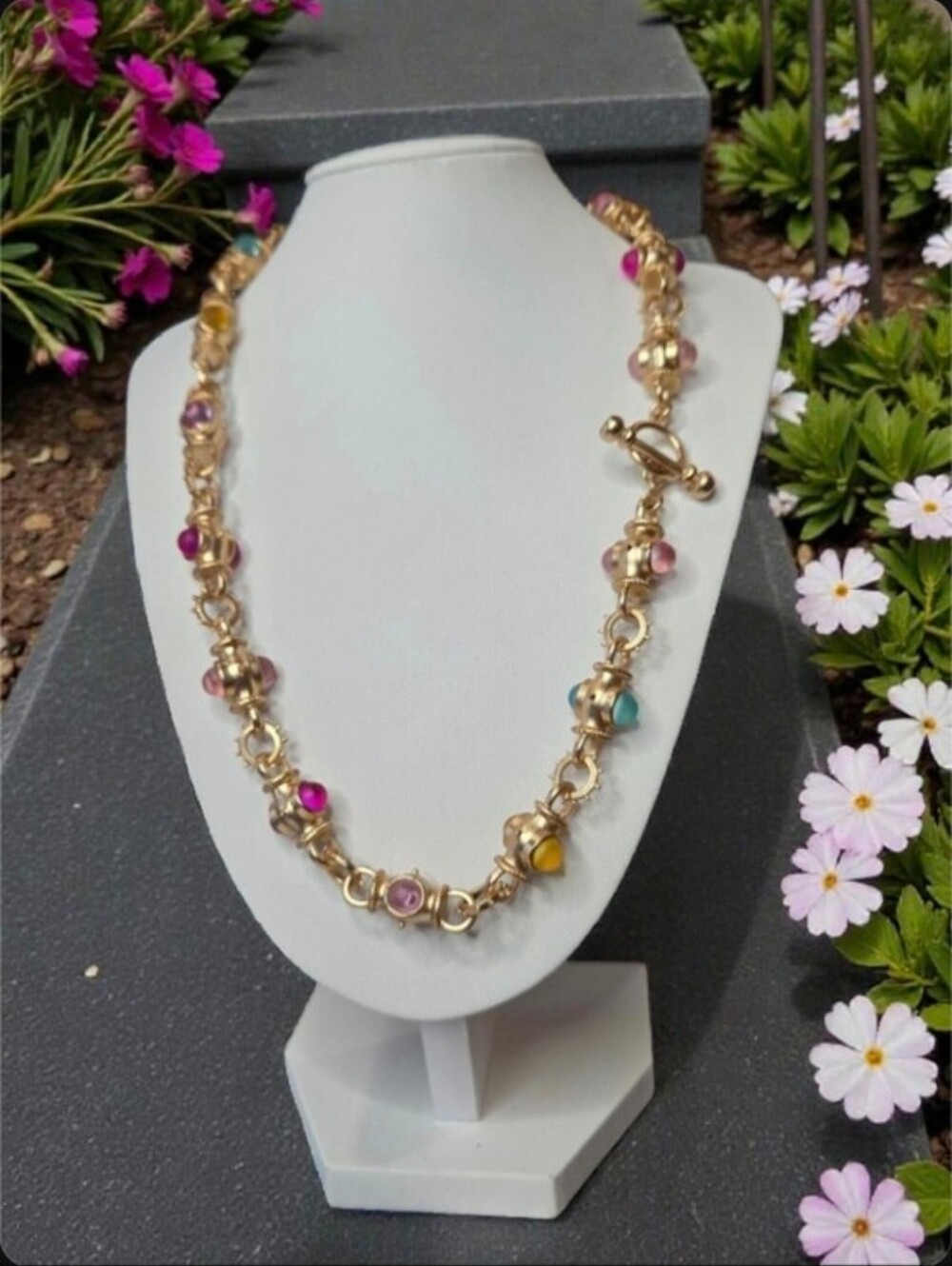 18k Matte Gold Byzantine Frosted Pastel Cabochon Toggle Necklace - Picture 3 of 5